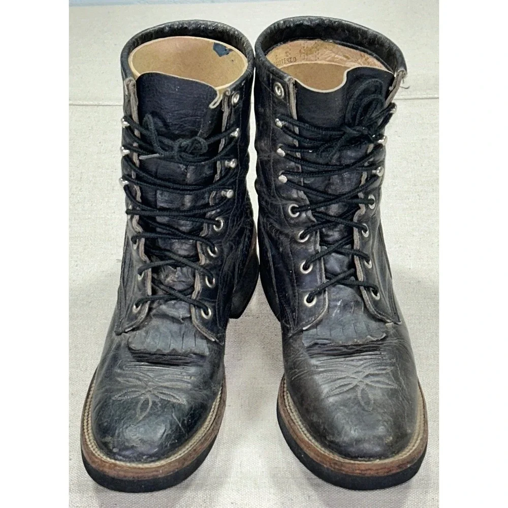 Vintage Justin Men's 8 1/2 B Black Leather Boots Lace‎ Up Speed Lacing Made USA